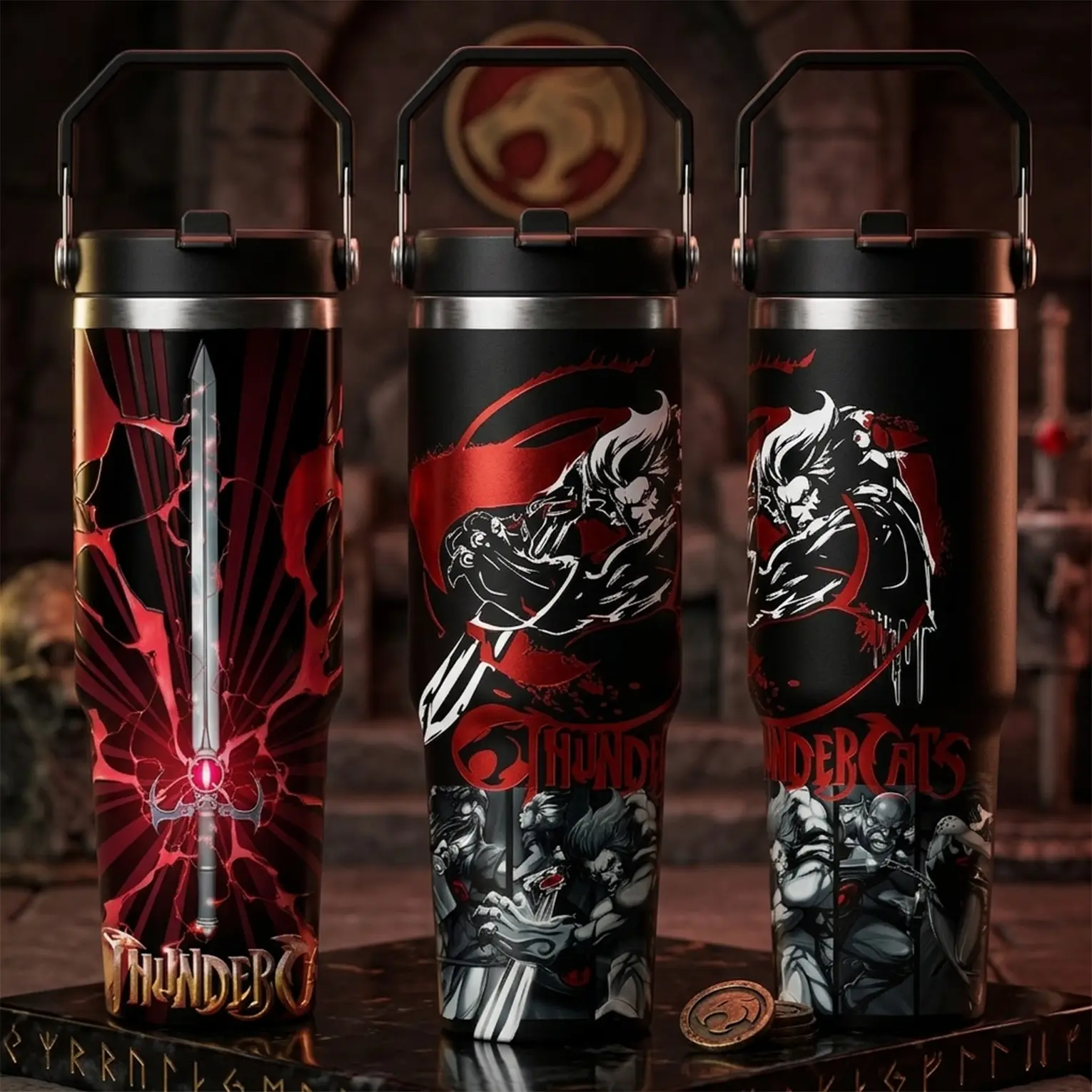 Retro Thunder Cats 40oz Travel Mug With Handle, Red Black Warrior Cat Design Stainless Steel Insulated Tumbler Cup With Straw