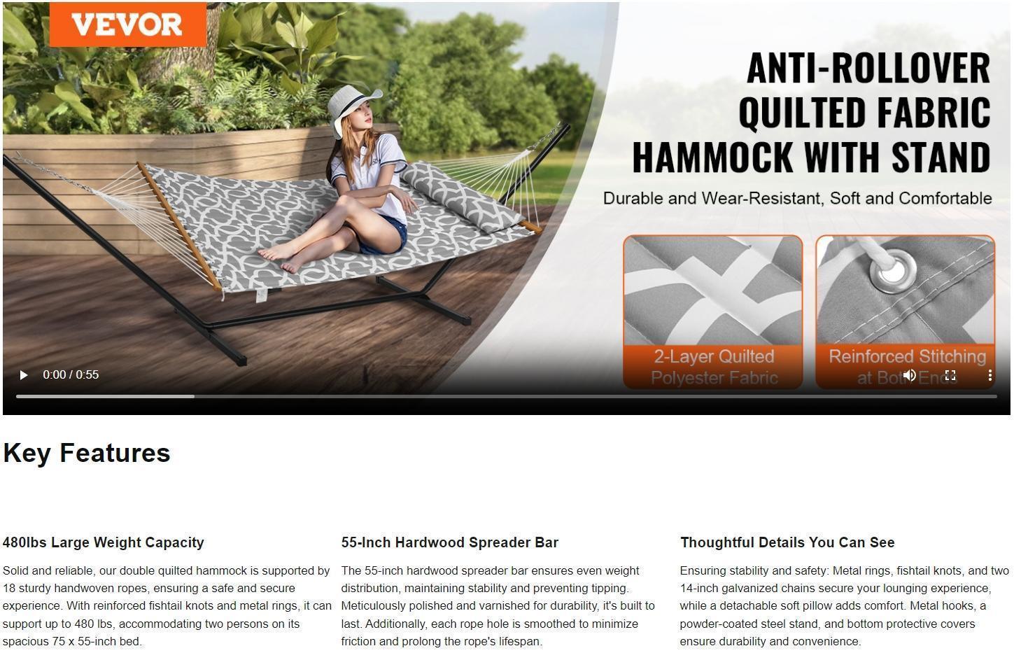 VEVOR Two Person Hammock with Stand Included Heavy Duty 480lb Capacity, Double Hammock with 12 FT Steel Stand and Portable Carrying Bag and Pillow, Freestanding Hammock for Outdoor Patio Yard Beach