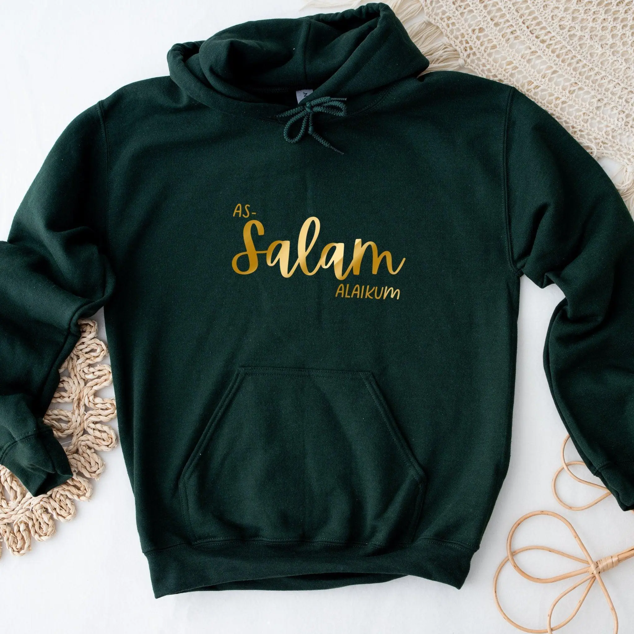 GOLD Assalamalaikum Hoodie by Humraha | Desi Arab Muslim Fashion Apparel Gifts for Ramadan Eid Nikkah Wedding Couples Families New Moms Aunts Uncles Grandparents | Pakistan India Bangladesh Palestine Lebanon Egypt Syria