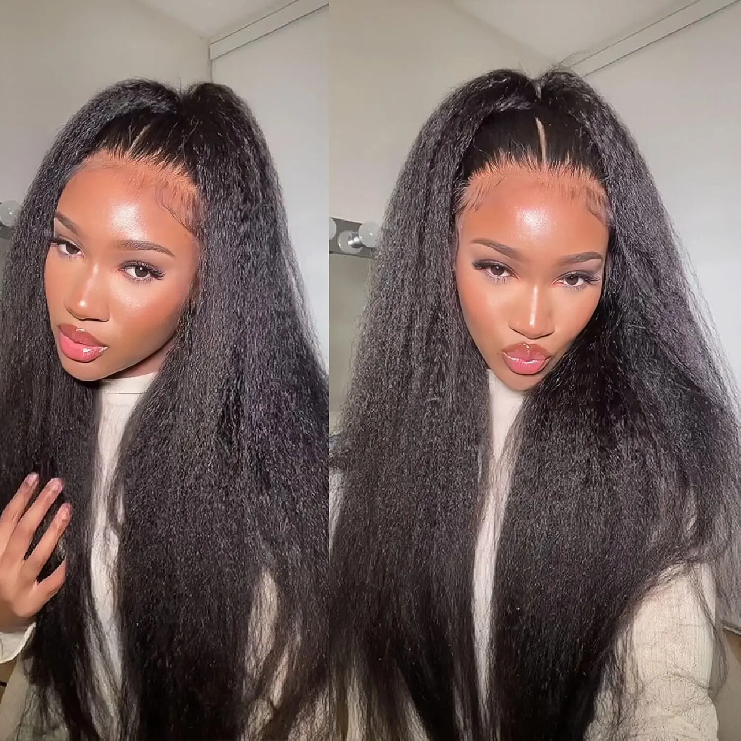 Bling Hair Human Hair 13X6 HD Lace Front Glueless Wigs for Women 13x6 Kinky Straight Pre Bleached Knots Yaki Human Hair Wig HD Transparent Lace Pre Plucked 180% Density Natural Black Color #TikTokShopHolidayHaul