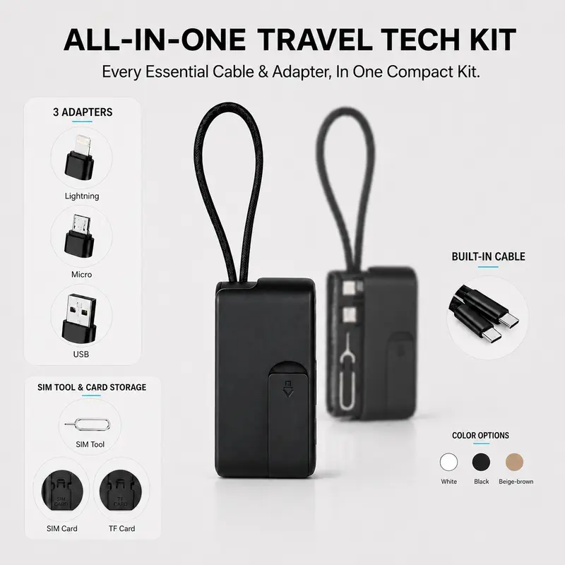 Basemo Pocket Tech Companion with USB-C Cable, USB-A, Lightning, Micro-USB Adapters, 480Mbps Data Transfer, Fast Charging, SIM/TF Card Storage & Phone Stand – Portable Travel Hub for Laptop, Office and Content Creator Accessories
