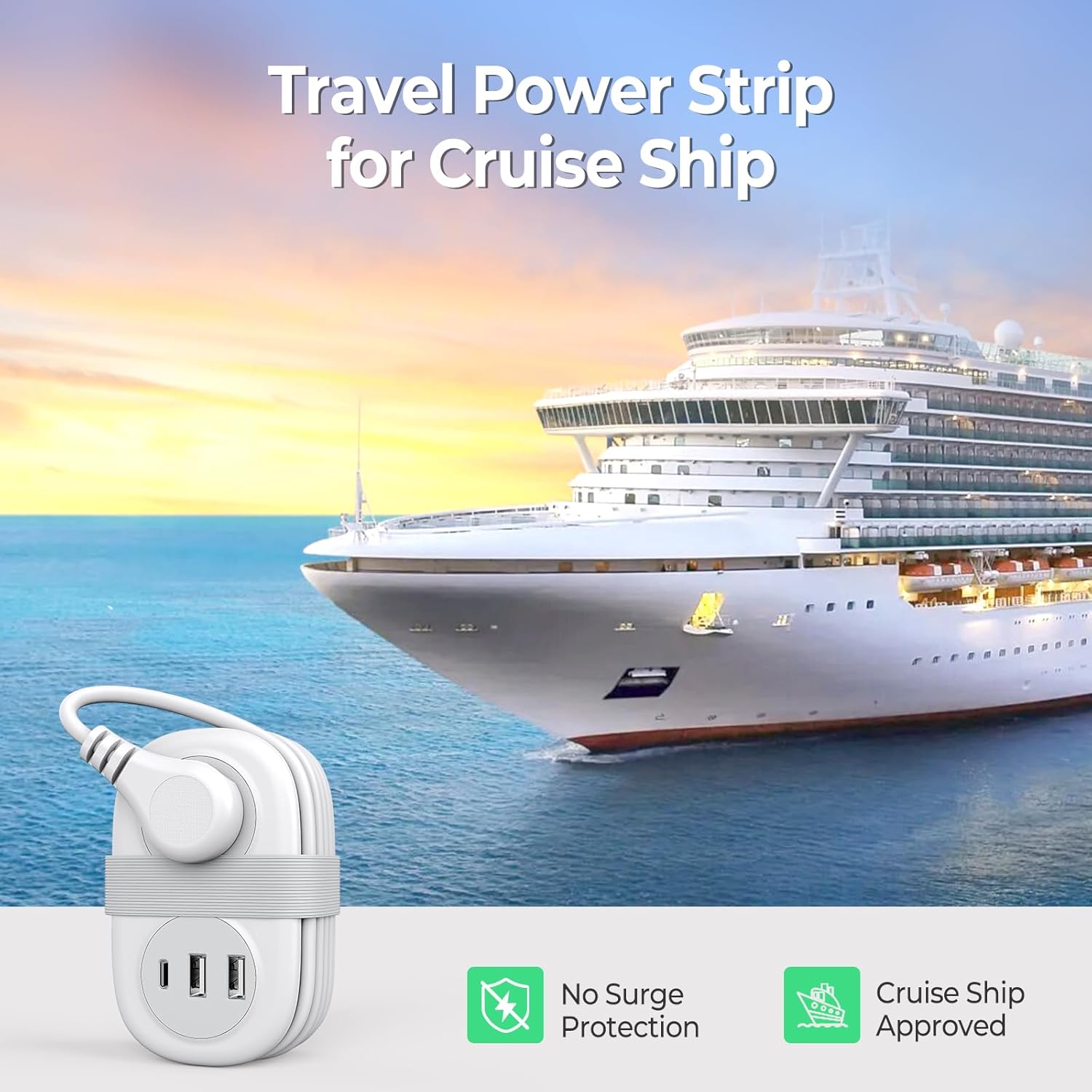 ORICO Travel Power Strip, 3.7FT Small Extension Cord, Portable Power Strip Flat Plug with 2 AC Outlets 3 USB Ports (1 USB C), Multi Plug Extension Cord for Travel, Cruise, Office, Hotels -AP3-2A