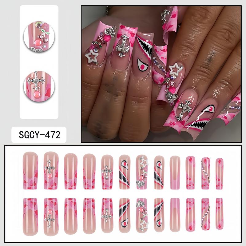 24 pcs Press on Nails - Long Square Glue on Nails with Hot Pink, Acrylic Bling Glitter Rhinestone Design