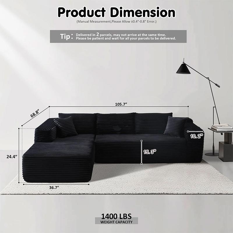 [2 Packages shipping】 105" Plush Corduroy Cloud VelvetModular Couch with Chaise , No Assembly Required -L-Shaped Sectional Sofa Set with Flexible Configuration
