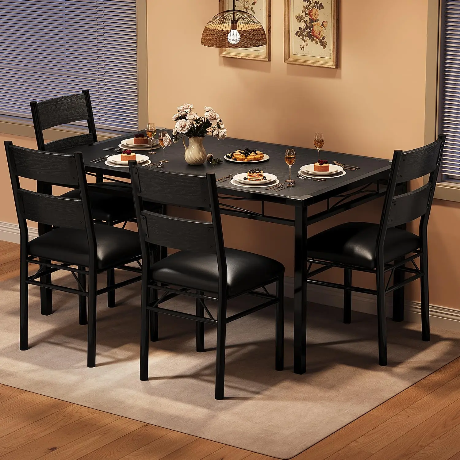 Garvee and Garvee 4-Piece Dining Table Sets with Upholstered Chairs, Wood Construction, Corner Protectors, Ideal for Small Spaces, Kitchens, Apartments in Rustic Black, Brown, and Retro Gray
