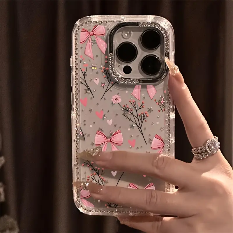 Plum Blossom Bow Luxury Rhinestone Fashion Phone Case, Transparent Glitter Border Star Case Anti-Drop Case, Suitable for Phone 17 Pro Max 17 Air 16 15 14 Plus 13 12 11 Protective Cover, Christmas Gift, New Year Gift, Easter Gift