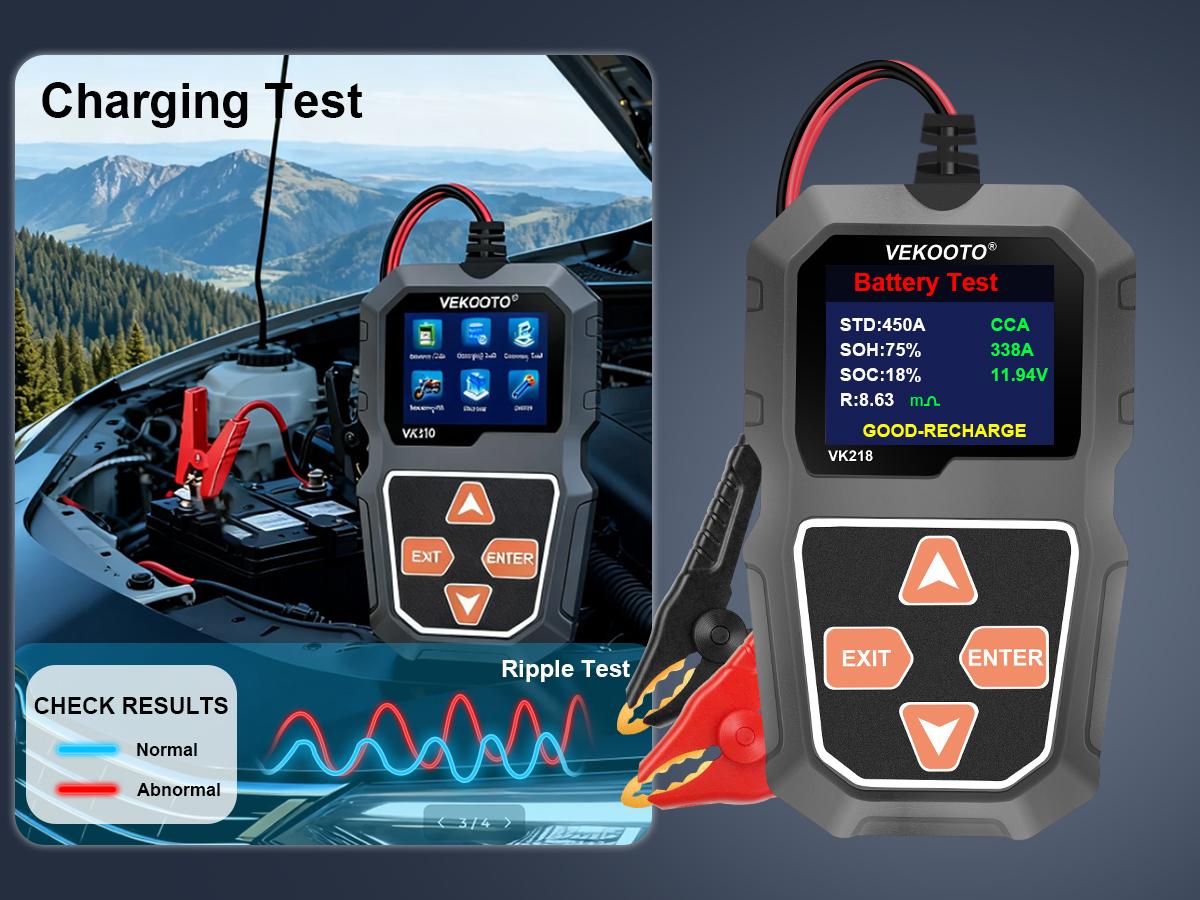 VEKOOTO VK218 12V Car Battery Tester, Battery Load Tester Automotive 12V Alternator Starter Tester Digital Auto Battery Analyzer Charging Cranking System Tester for Car Truck Marine Motorcycle Boat