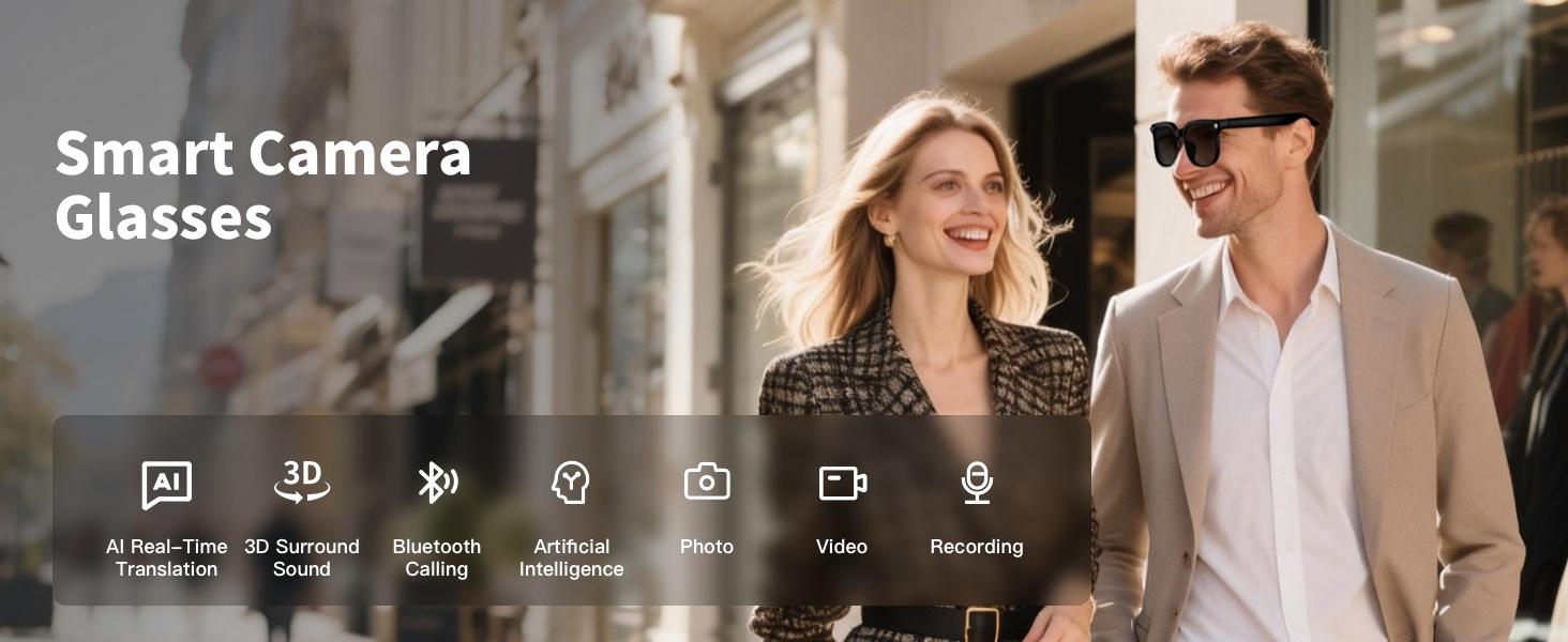 Smart AI Camera Glasses 8MP | Photochromic UV Protection | Hands-Free Video Recording for Hiking Travel | 160+ Languages Real-Time Translation