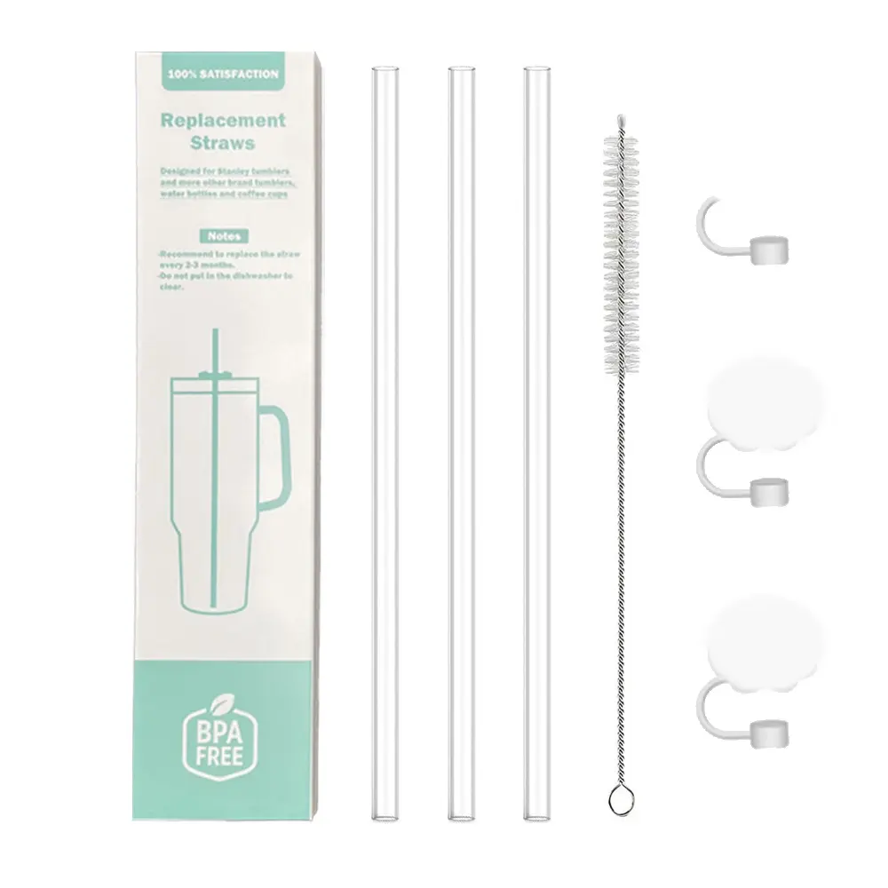 straw and straw cover cap set for Stanley 40oz tumblers, containing two 10mm straws, one 8mm straw, and straw caps in random styles.