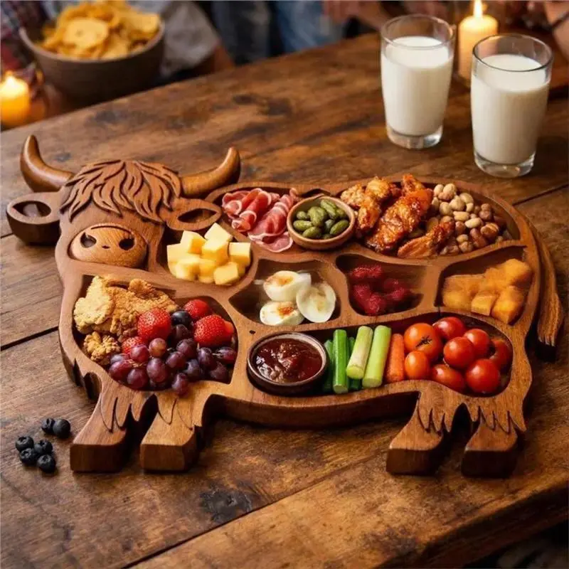 Wood Charcuterie Board Highland Cow Design, Rustic Wooden Serving Tray, Natural Wood Cheese Platter Snack Board