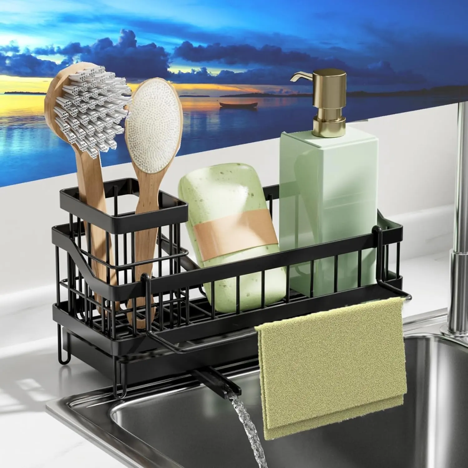 Sponge Holder for Kitchen Sink, Sink Caddy Organizer with High Brush Holder, Kitchen Countertop Organizers and Storage Essentials, Soap Dispenser Organize