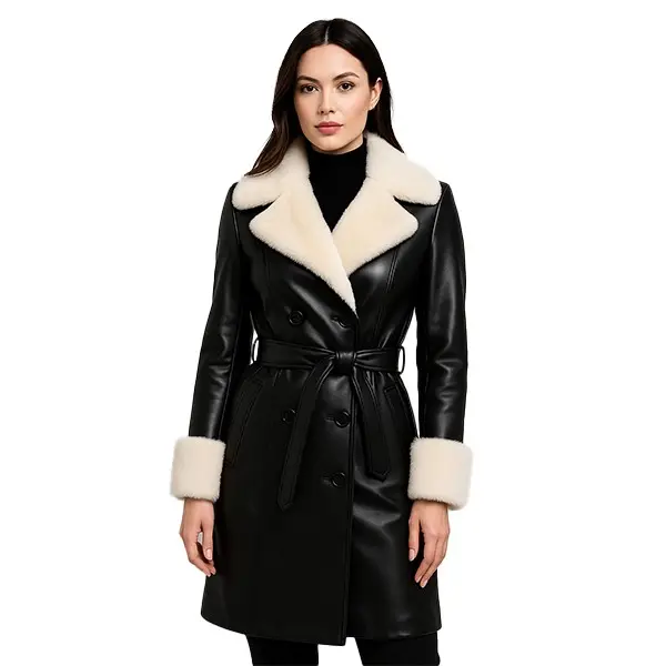 Elegant Black Leather Trench Coat with White Fur Trim
