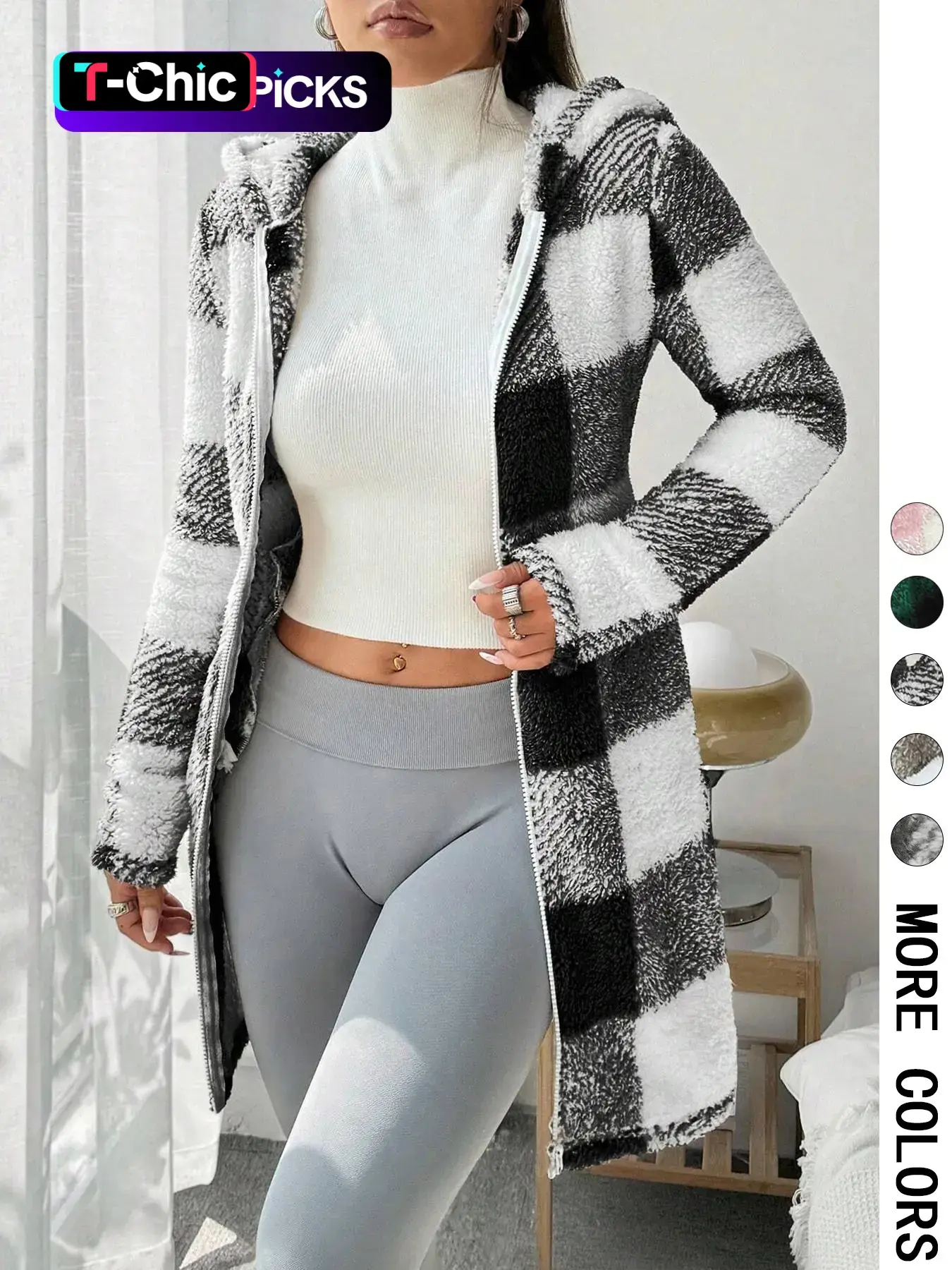 Women's  Plaid Fleece Hooded Fitted Coat, Fitted Casual Fashionable Fall Winter Outerwear, Soft Fluffy Fleece Fabric & Full Zip Closure & Hooded Design & Mid-Length Silhouette & Multiple Color Options，Valentine，1pc