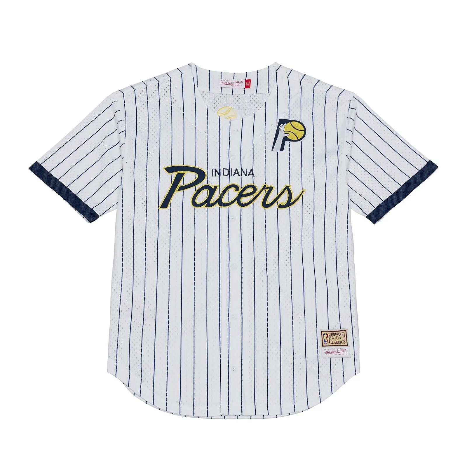 Mitchell & Ness Indiana Pacers White Pinstripe Mesh Full-Button Baseball Jersey, Short Sleeve Tops, Mesh Fabric, Regular Fit