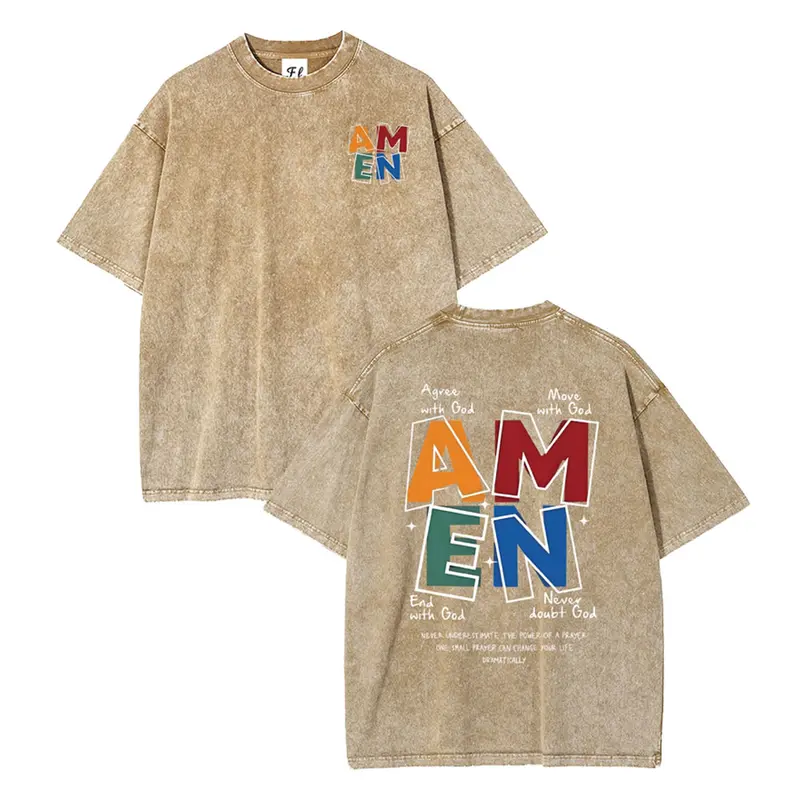 AMEN,Agree With God,Move With God,End With God,Never Doubt God, Classic Letter Header Design, Shoulder Drop Design, God Bless You, Classic Retro Fashion Casual Popular Color Letter Pattern Printed Boutique 230g Washed Cotton T-Shirt, Men's washed pure cot