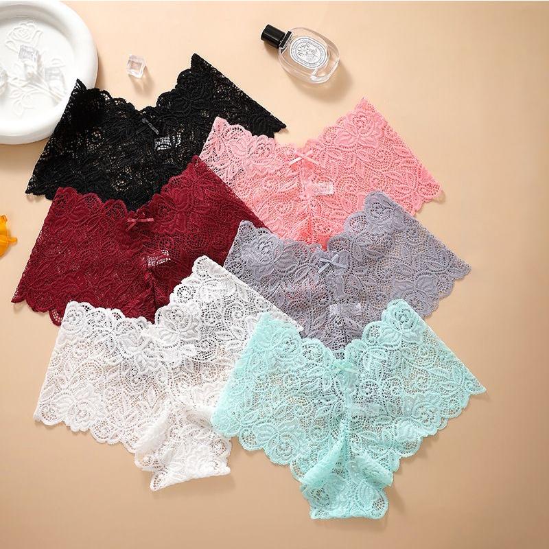 6 Pack Multicolor Women's Lace Floral Patterned Boyshorts, Seamless Low Waist Cut, Breathable Invisible Bikini Style Boyshorts, Fashion Basic Minimalist Elegant Underwear, New Fall Winter Christmas Gift Clothes Womenswear