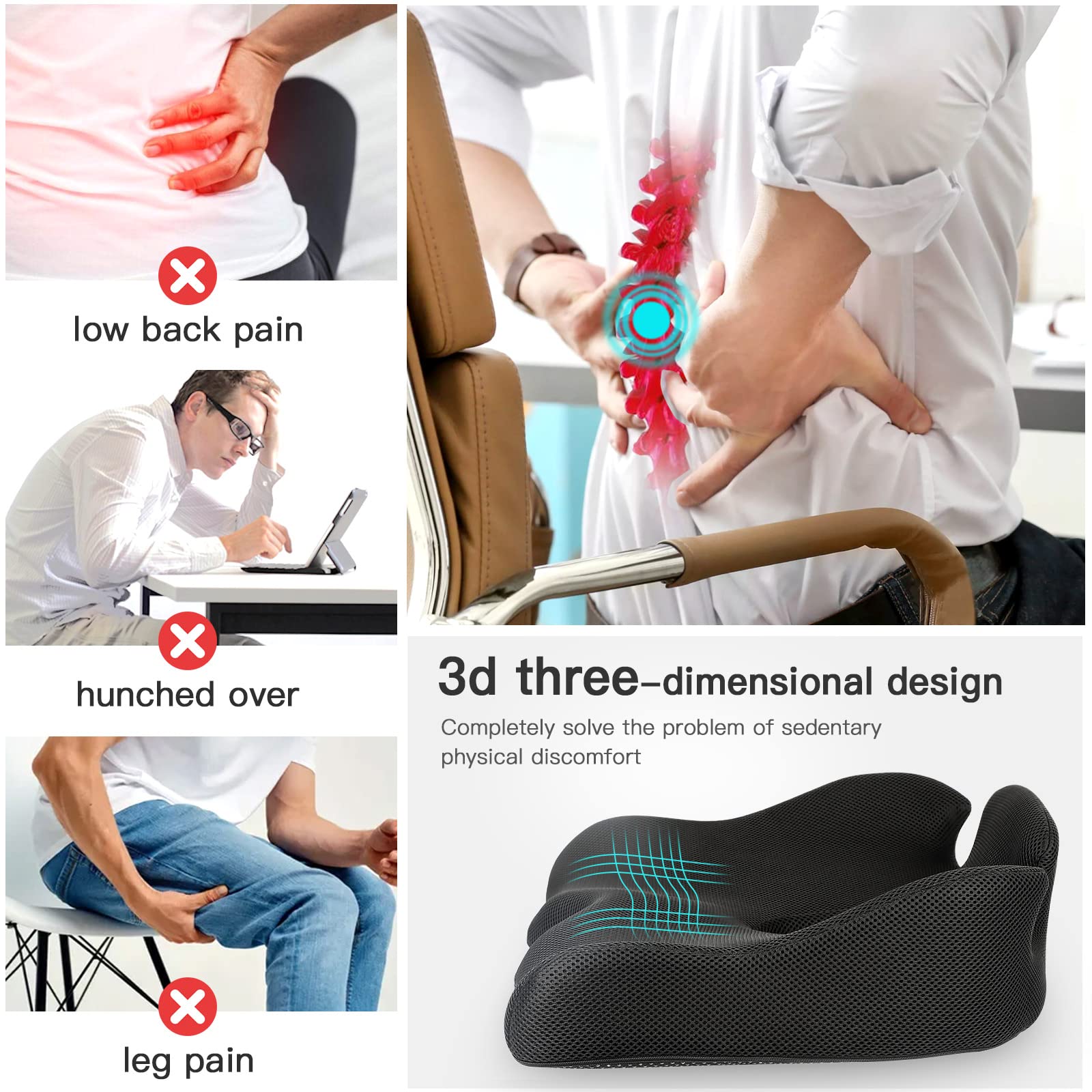 Benazcap Ergonomic Memory Foam Seat Cushion - Non-Slip & Pressure Relief for Sciatica & Tailbone Pain-Firm Coccyx Pad for Long Sitting,Posture Chair-Adjustable Height & Portable Design-Ideal Gift for Friends & Bosses