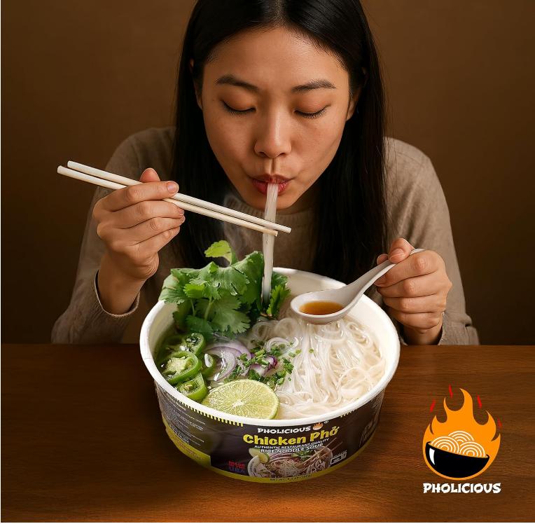 PhoLicious Instant Chicken Pho, Authentic Vietnamese Rice Noodle Soup Kit with Spices & Broth Mix, Ramen Noodles Alternative, Quick Microwave Meal - Pho Noodles Bowl - Chicken Flavor (4 Pack)