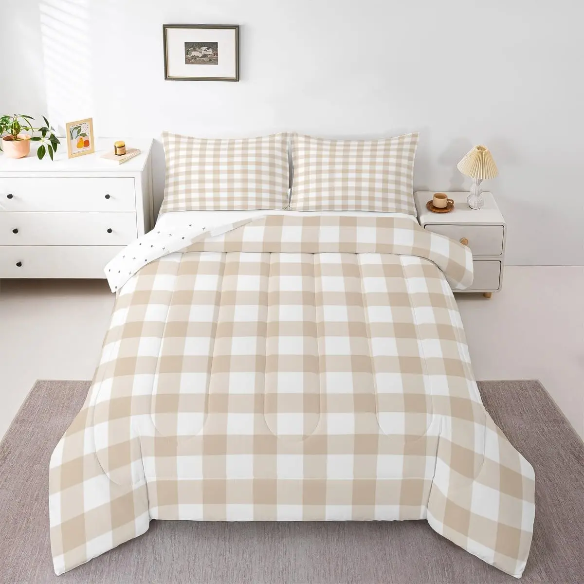 Light Brown White Comforter Set Toddler Buffalo Check Bedding Set for Boys Girls Children Geometric Abstract Modern Duvet Quilt Room Decor Breathable Soft Microfiber All Season
