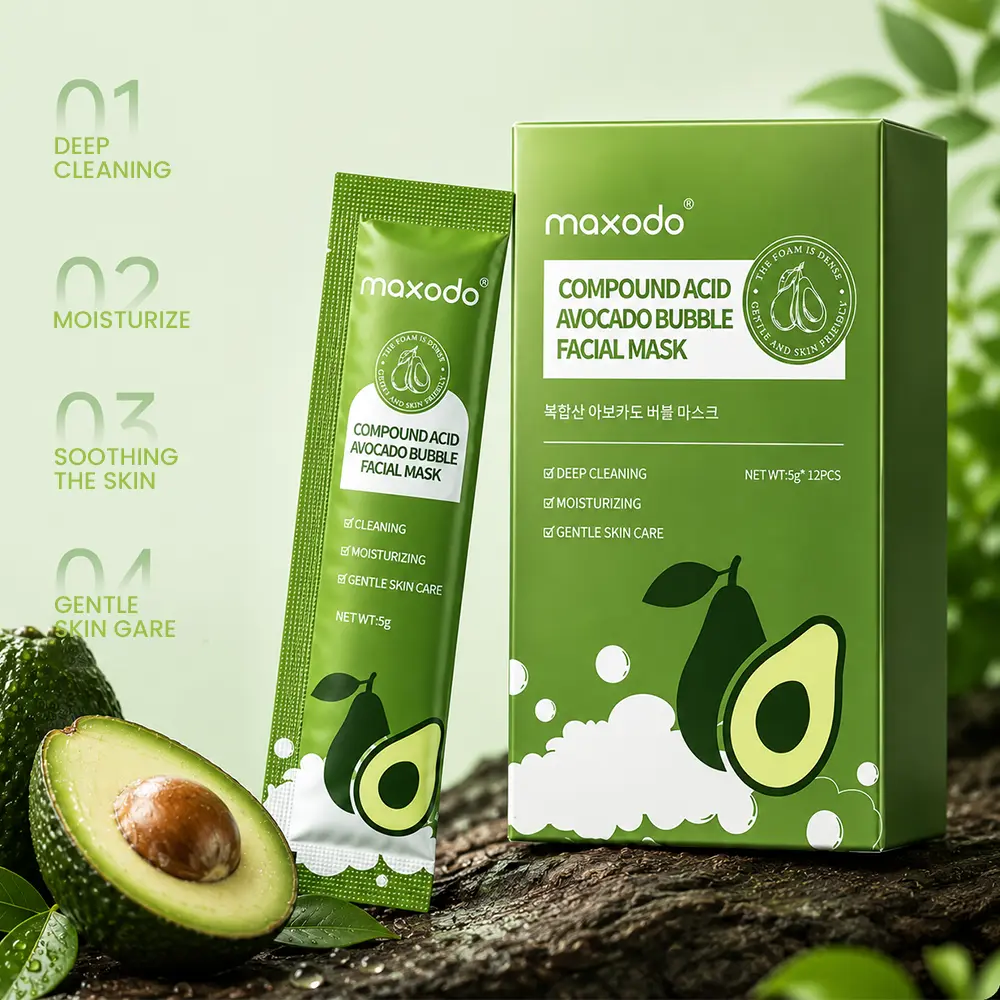 Maxodo Avocado Bubble Foam Facial Mask – Moisturizing Face Mask with Avocado Oil, Glycerin, PHA, BHA & AHA for Oily & Combination Skin, 12 Travel-Size Pouches, Back to School Shopping, Bubble Mask, 12 Packs