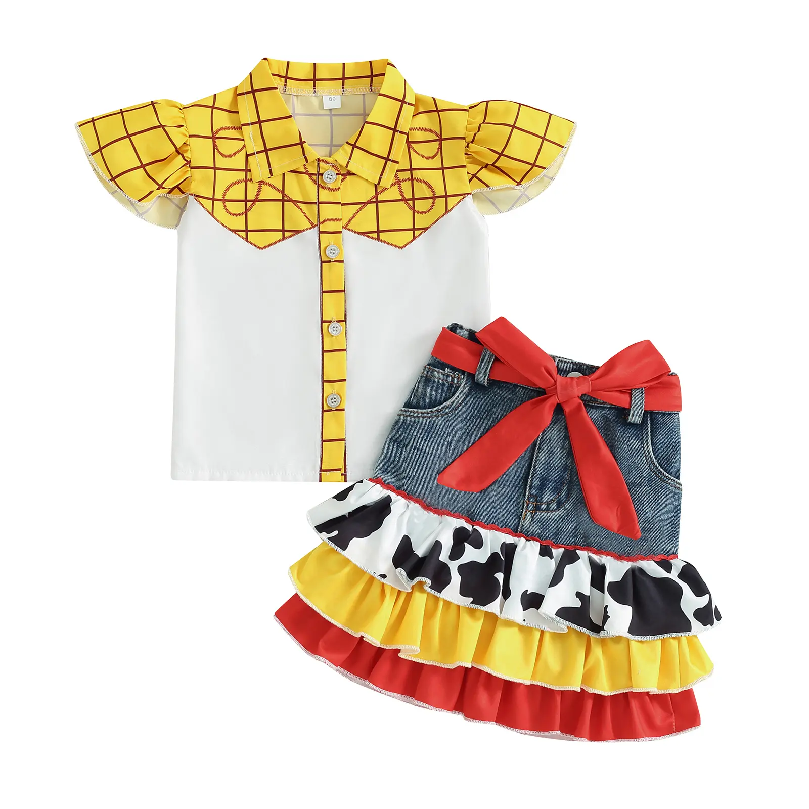 Fashion Kids Girls Summer Clothes Sets Plaids Fly Sleeve Shirts Tops Cow Ruffles Denim Skirts Headband Outfits
