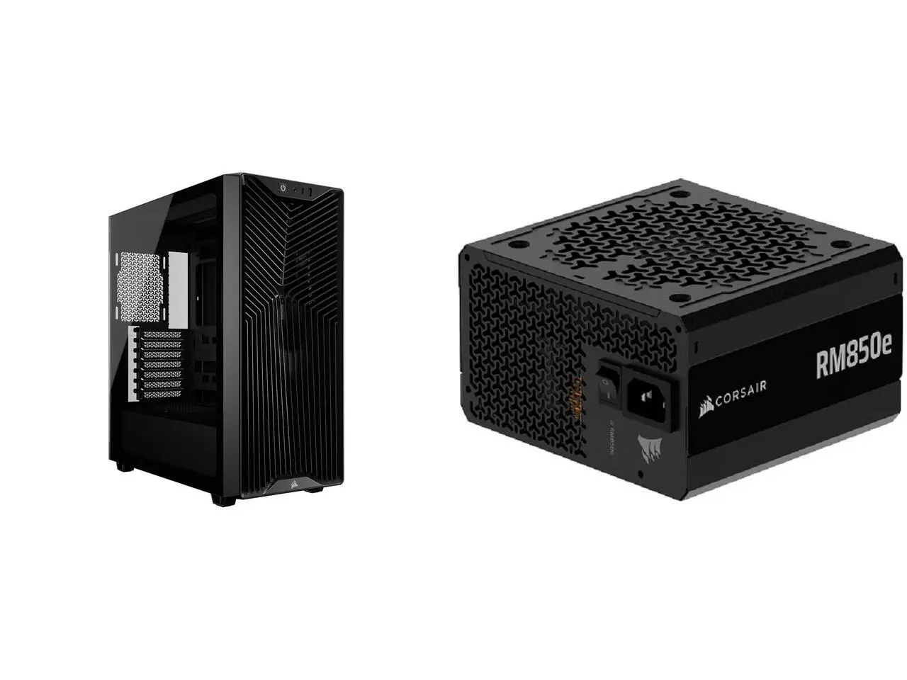 CORSAIR 3200D RS Mid-Tower PC Case: 360mm radiator support, USB-C/A front I/O, 9x 120mm & 4x 140mm fans, GPU Anti-sag Arm, tempered glass panel, black. Includes CORSAIR RMe RM850e 850W Power Supply