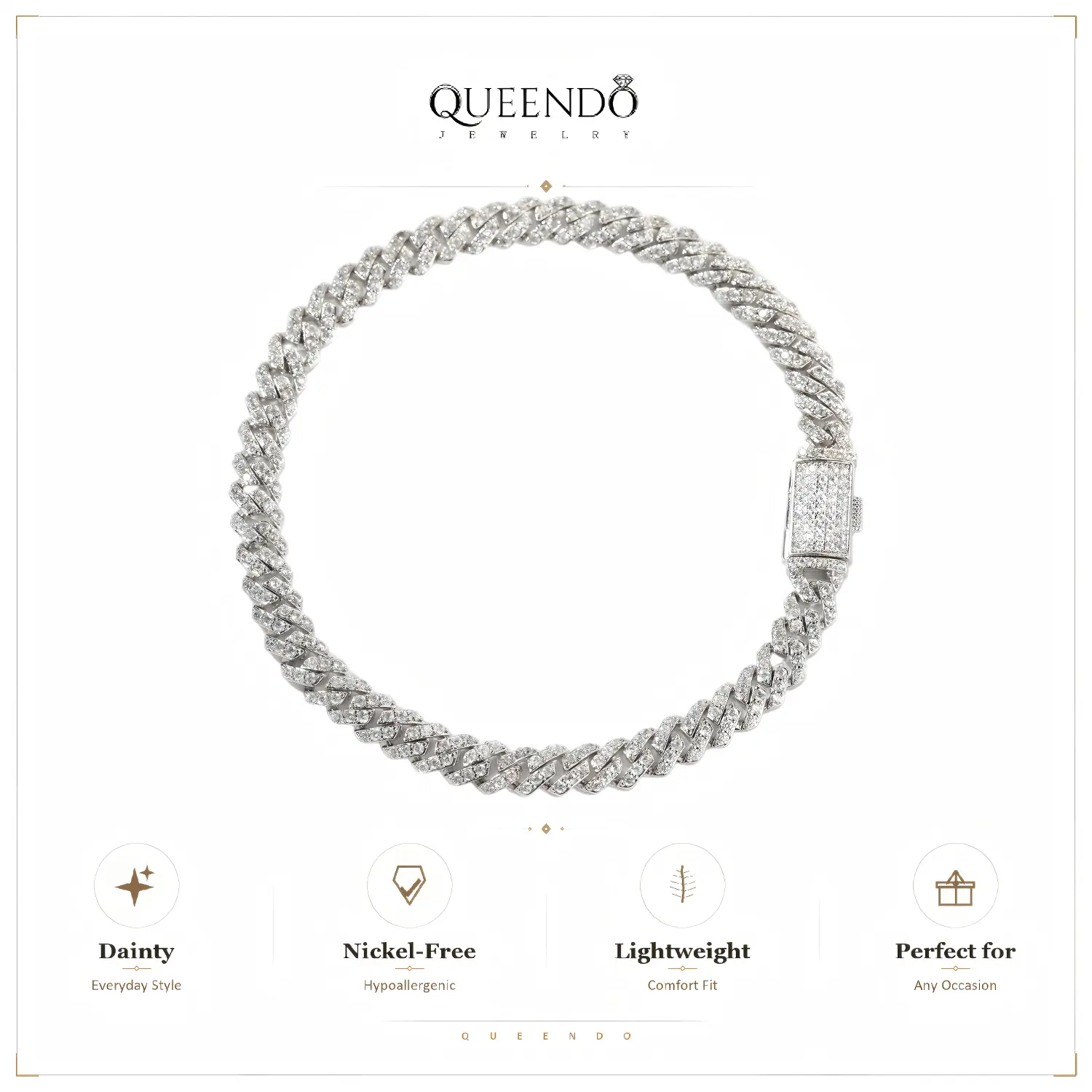 QUEENDO Iced Out Full Paved Cuban Link Bracelet - Sparkly Stone-Encrusted Miami Curb Chain, Hip-Hop Style Thick Link Wrist Jewelry with Secure Box Clasp, Silver-Tone Adjustable Statement Piece for Daily/Party Gifting, Adjustable Size, Copper, Unisex