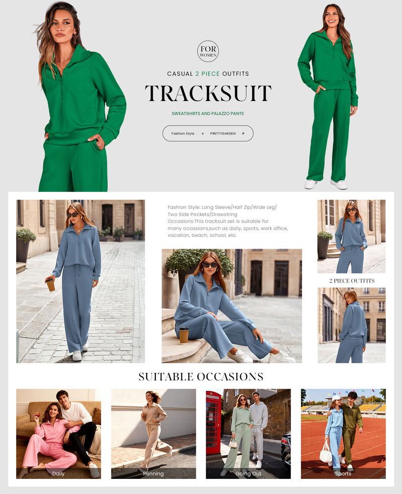 PRETTYGARDEN Women's Casual 2-Piece Sweatsuit Set - Half Zip Pullover Sweatshirt & Wide Leg Pants with Drawstring - Matching Tops & Sweatpants for Comfort