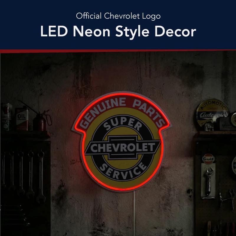 Chevrolet Genuine Parts Super Service LED Plaque Sign – Vintage Garage Neon Style Wall Decor, Red-Orange LED Accent, 16"