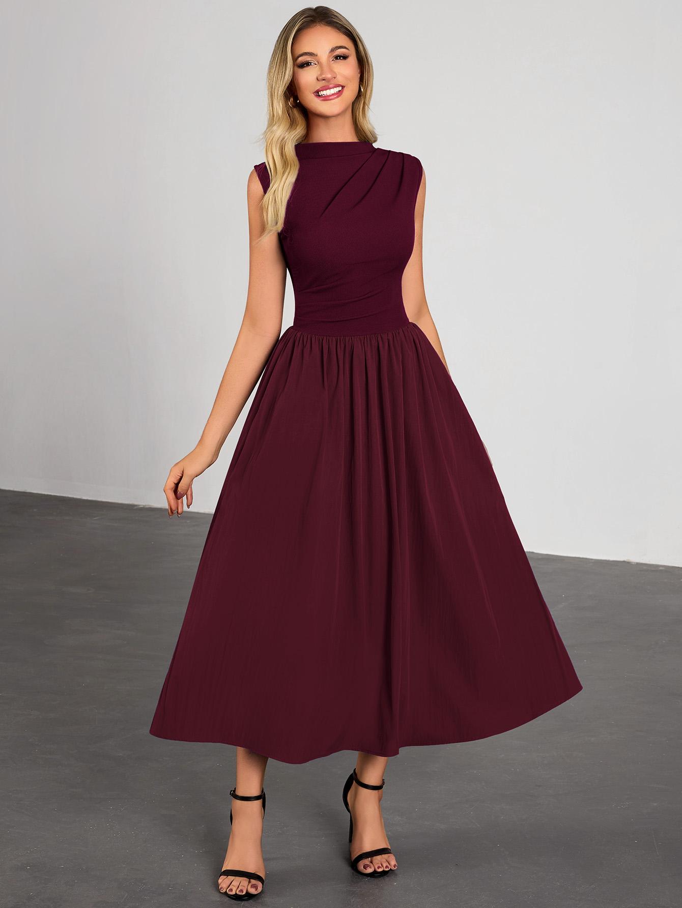 Miusol 85234B Women's Summer Maxi Dresses for Women 2026 Spring Sleeveless Half Collar Casual Ruched Swing A-Line Dress with Pocket Sundress Flowy Beach Dress