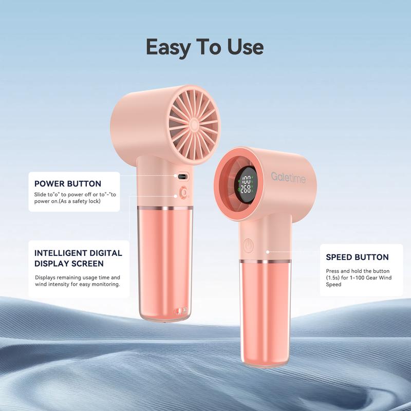 Galetime GT05 Handheld Fan with Time Display & 5000mAh/3500mAh Battery - USB-C Rechargeable Portable Mini Fan, Dual Power Options, Long-Lasting Cooling for Travel, Office, Outdoor Use
