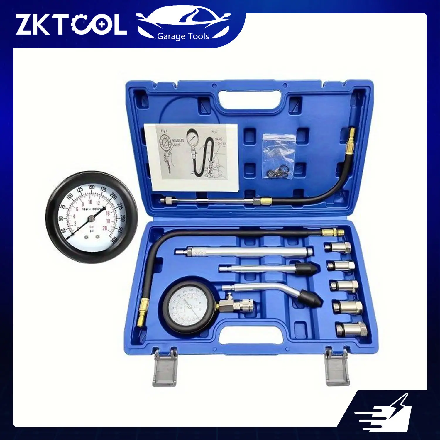 ZKTOOL 11-Pack Multifunctional Copper-Nickel Plated Cylinder Compression Tester Kit - 3-inch Gauge, 8+ Components, Dual-Scale for Cars,Trucks,Motorcycles, Garage/Workshop Mechanic Tool, Portable Organized Storage, Safe User-Friendly Design
