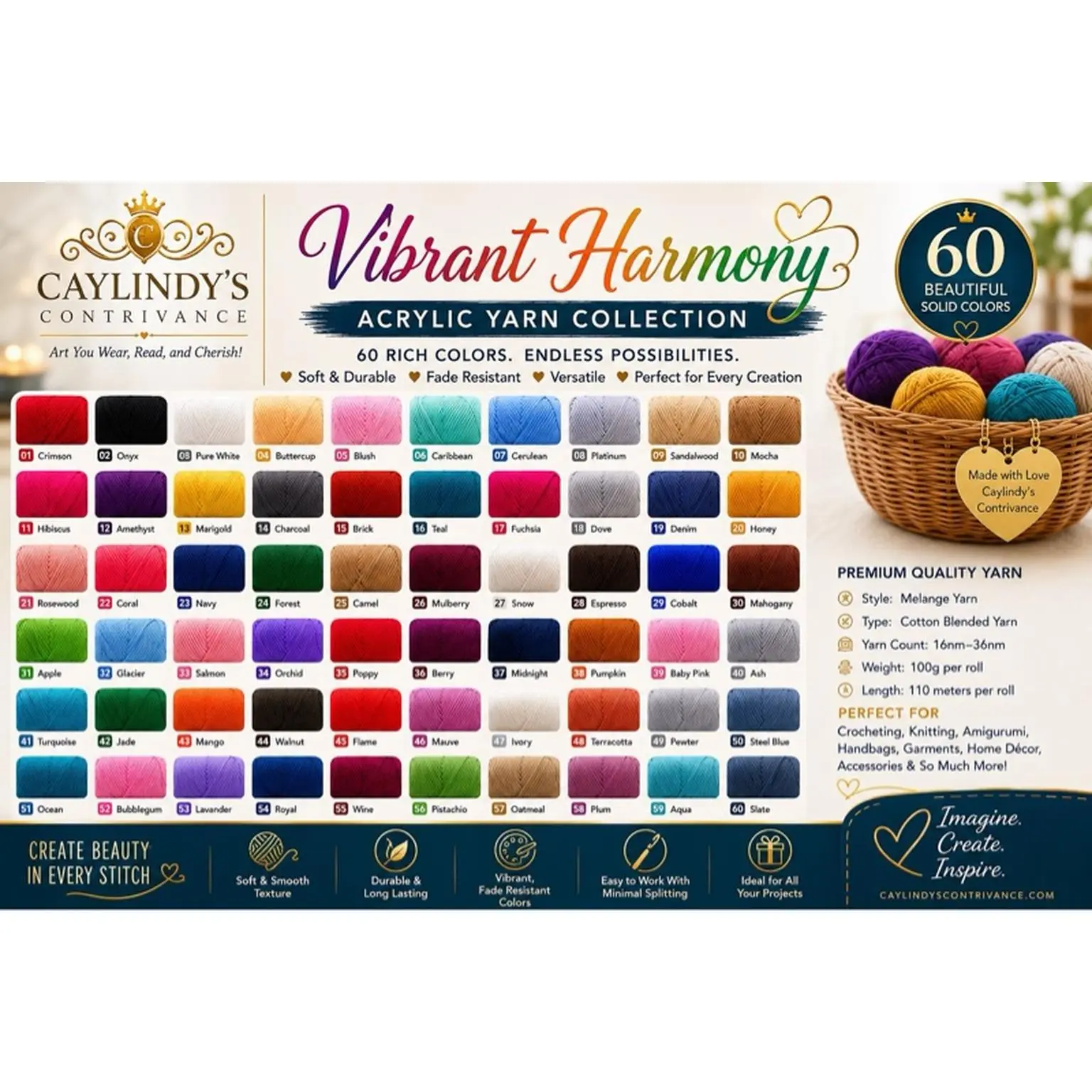 Caylindy’s Contrivance Vibrant Harmony™ Acrylic Yarn Collection - 60 Solid Colors, Cotton Blended, Melange Style, 100g/110m, Soft & Durable, Fade-Resistant, Ideal for Crochet, Knitting, DIY Crafts