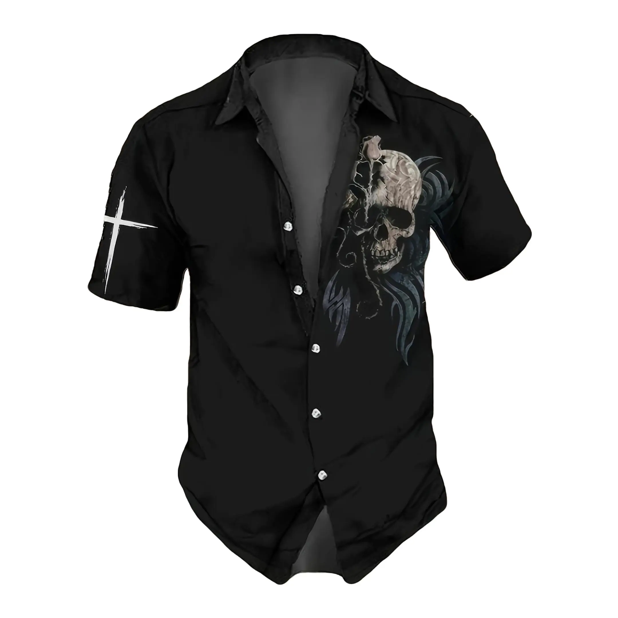 Men's Casual Distinctive Short-Sleeve Shirt - Black, Skull Pattern, White Arm Cross, Fitted Cut, Punk Gothic Style, Stylish Menswear Casual Top - TikTok Shop Men's Casual Distinctive Short-Sleeve Shirt - Black, Skull Pattern, White Arm Cross, Fitted Cut, Punk Gothic Style, Stylish Menswear Casual Top - TikTok Shop
