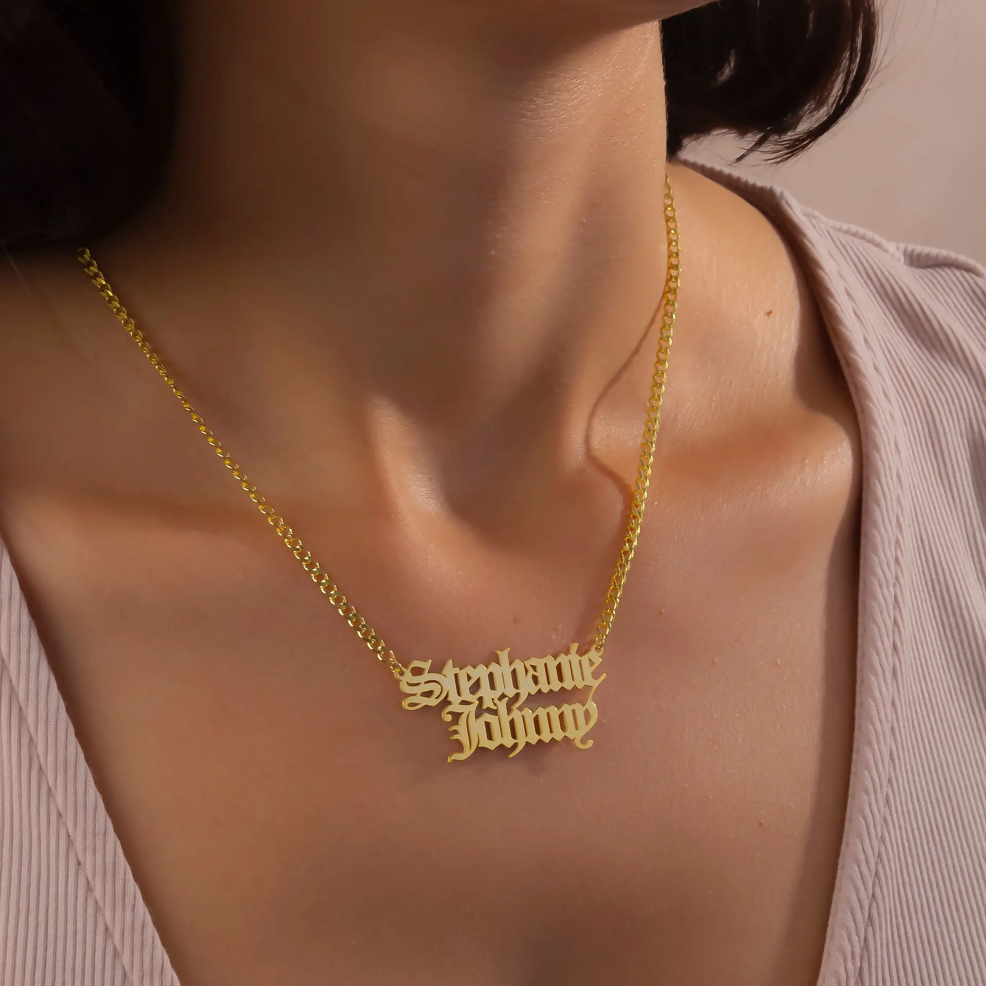 AS052 Stainless Steel Engraved Custom Letters Personalized DIY Double Name Clavicle Necklace with English Nameplate, Engraved Necklace, Custom Letters Necklace