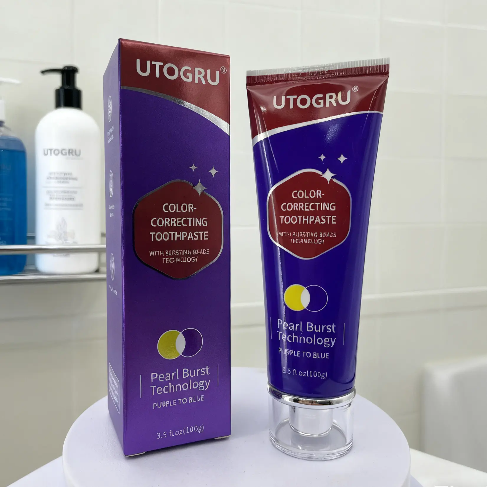 UTOGRU Purple Color Correction Toothpaste, Alcohol-Free Teeth Brightener & Stain Concealer, Paraben-Free Peppermint Scent for Daily Care & Tooth Decay Prevention, 100g, 24-Month Shelf Life