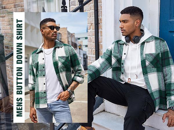 COOFANDY Lightweight Fall Outfits Classic Menswear Flannel Shirts Casual Button Down Plaid Shirt Jacket Long Sleeve Fleece Shacket with Pockets Coats  Outerwear Overall Stylish Corduroy Tops