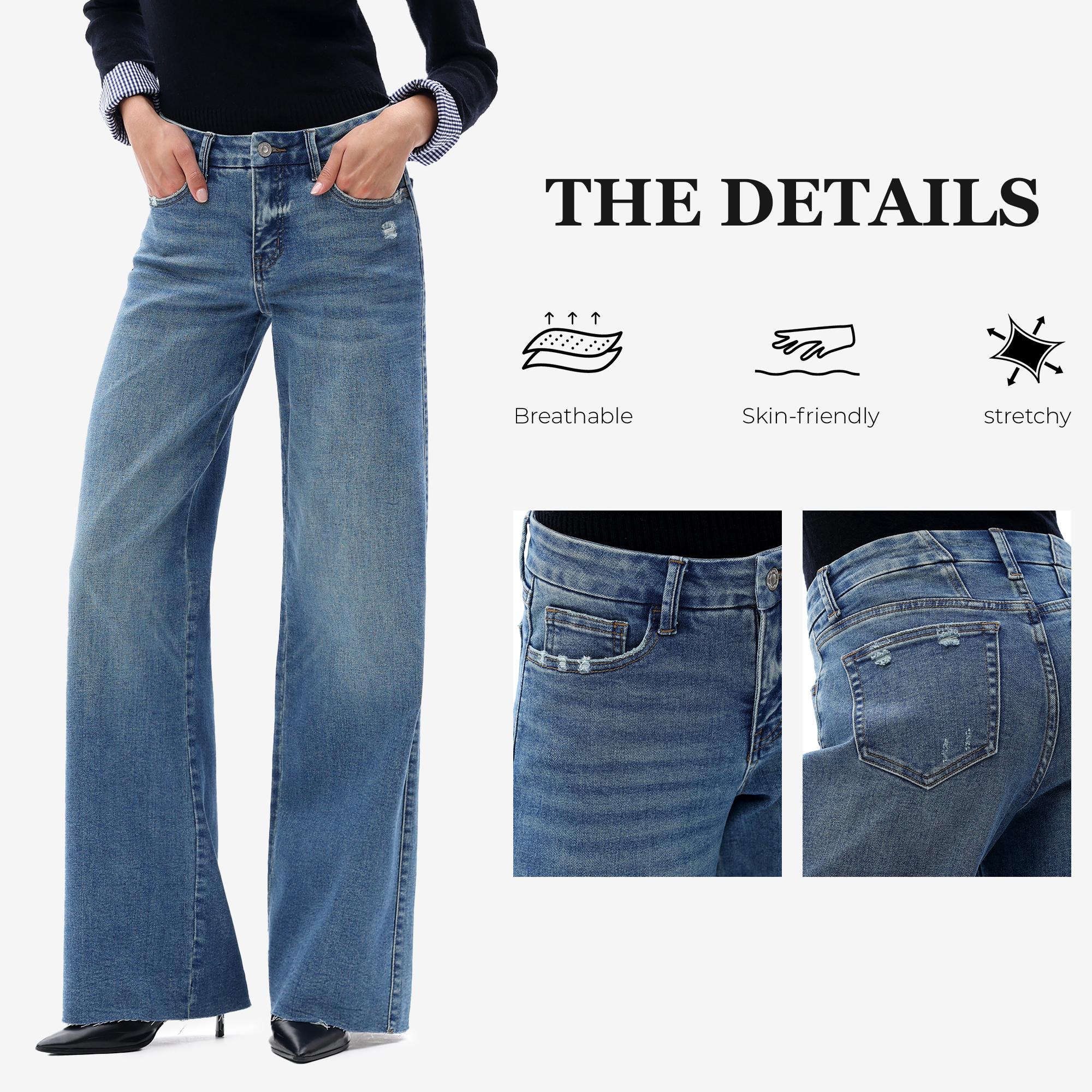 ONESO Mid-high Rise Baggy Jeans High Stretchy BBL Wide Leg All Season Jeans Tummy Control Holiday Party Distressed Denim Pants Woman Bottom Comfortable Denim Jeans OSW8019 Plus Size Regular Size #LoveYourself