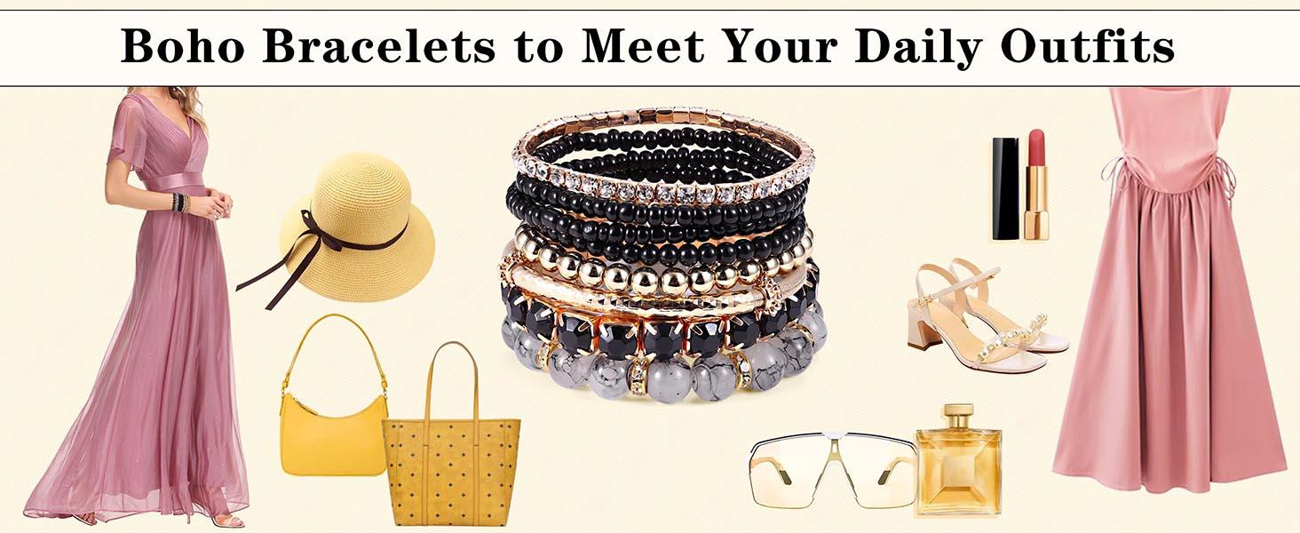 MILACOLATO 4 Sets Boho Bracelets for Women Multi-Color Layered Stackable Natural Beaded Bracelets Adjustable Stretch Bohemian Bracelets Elegant Bangle