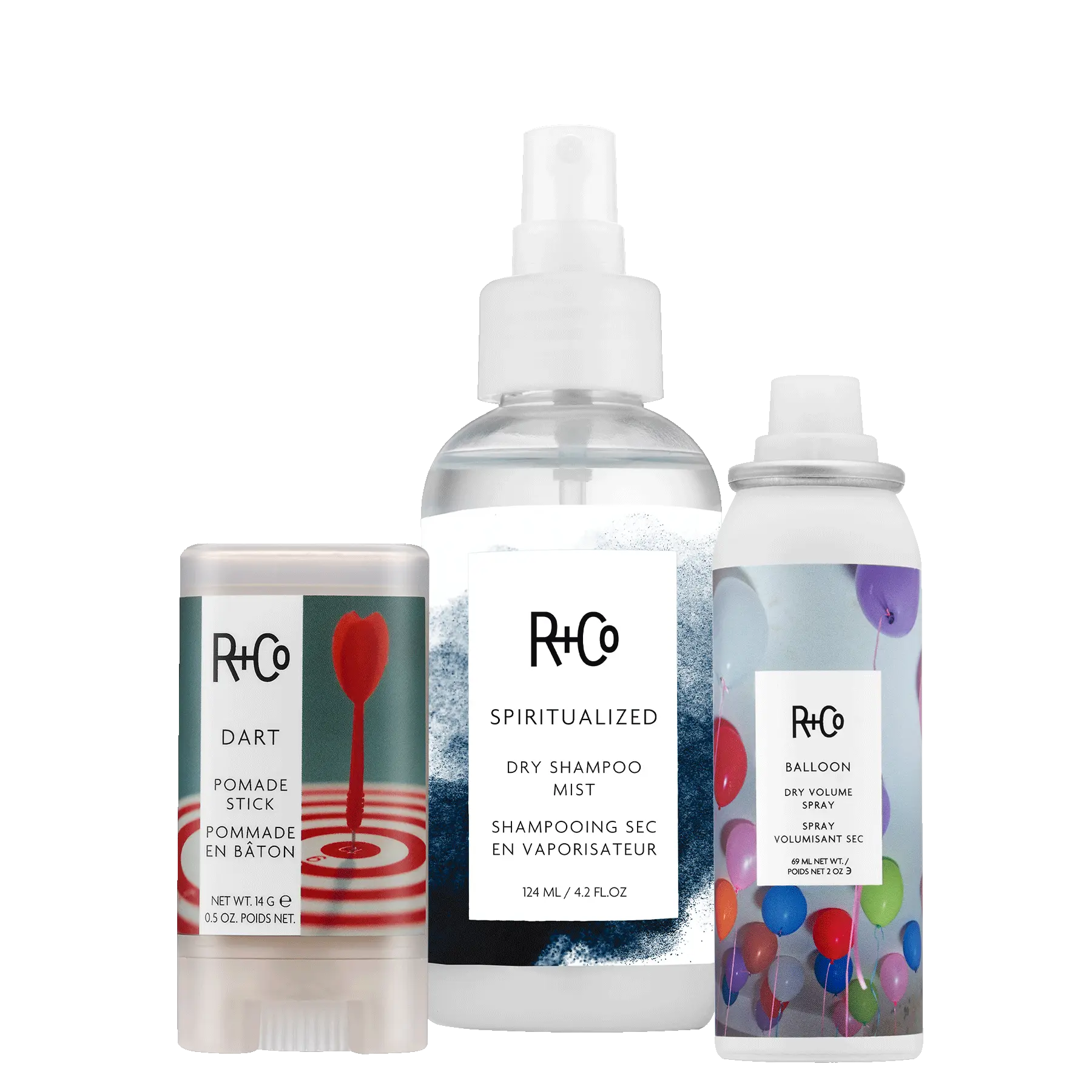 R+Co Gym Bag Essentials Trio - SPIRITUALIZED Dry Shampoo Mist, DART Pomade Stick, & BALLOON Dry Volume Spray Mini for Post-Workout Haircare