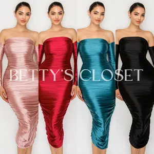 Sweetie Satin Off Shoulder Rhinestone Accents Midi Dress