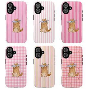 Cute Cat Tough Phone Case Pink Striped & Checkered Design with Adorable Kitten Fish Illustration Lightweight , Gift for Cat Lovers , Fits iPhone 17 16 15 14 13 12 11 Pro Max