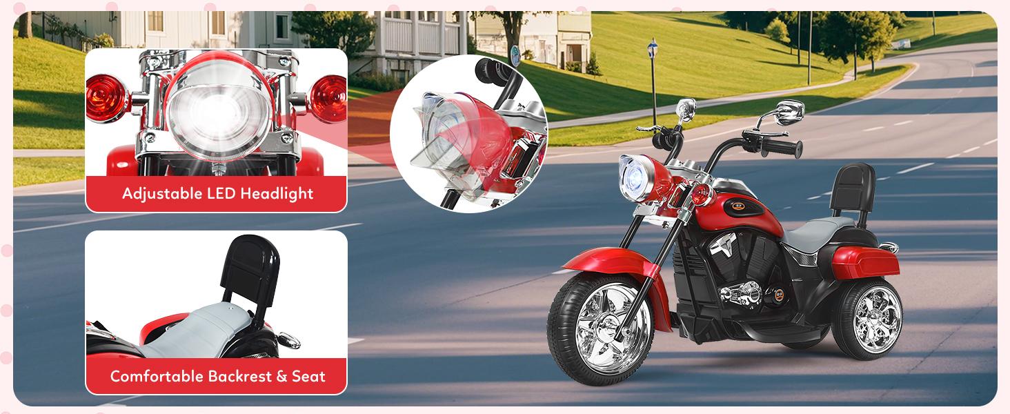 Costway Kids Motorcycle, 6V Battery Powered Ride on Chopper Motorcycle w/Horn, Headlight, 3-Wheel Stable Ride on Toys, Electric Toddler Motorcycle for Kids, Gift for Boys Girls,Christmas Festival Gift Black Friday Cyber Monday