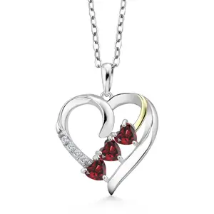 Gem Stone King 925 Silver and 10K Yellow Gold Red Garnet and White E-F Lab Grown Diamond Pendant Necklace For Women (1.03 Cttw, with 18 Inch Silver Chain)