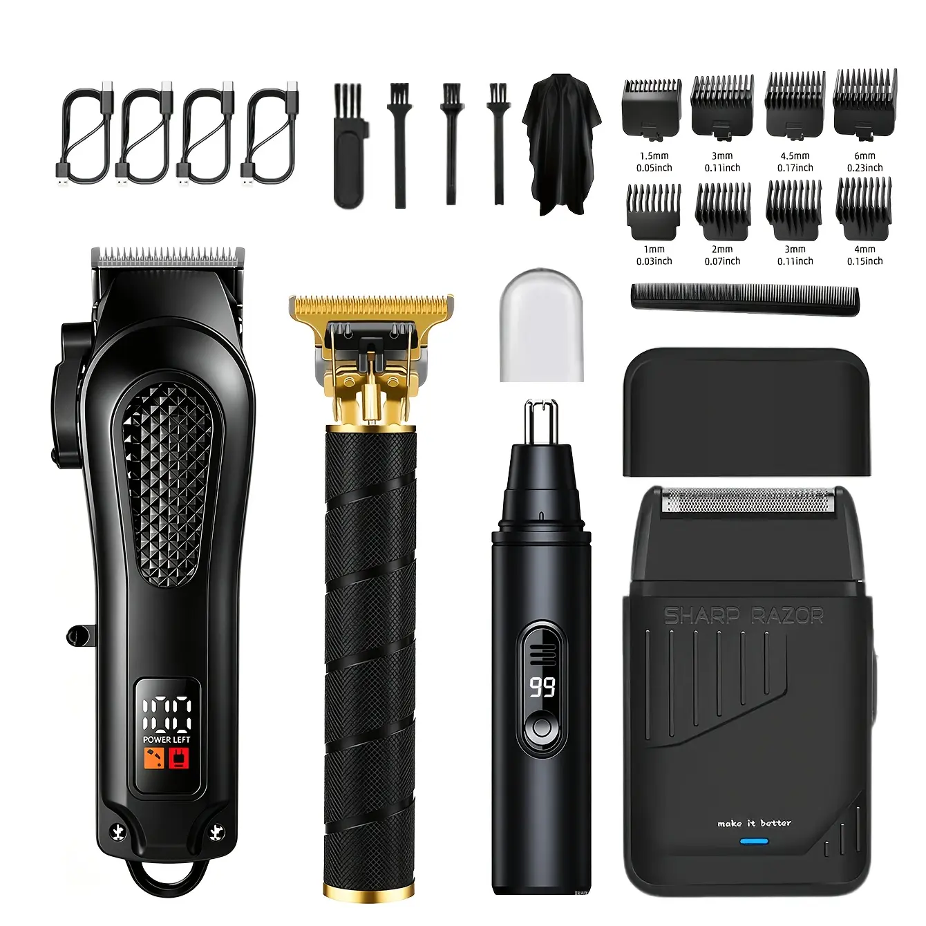 Kikido 4-in-1 Rechargeable Men’s Grooming Kit - Cordless Precision Hair Clipper, T-Blade Trimmer, Nose Hair Trimmer, Foil Shaver, LED Display, USB Plug Professional Barber Set for Home/Travel