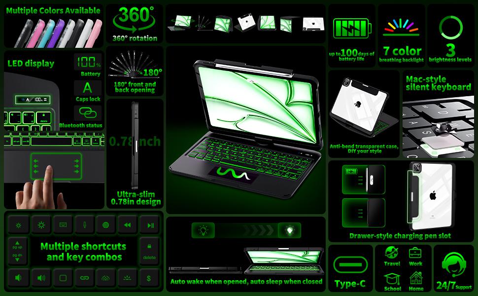 Timeless Black Keyboard Case for iPad Pro 11/13-inch , Transparent Cyberpunk Shell, 360° Rotating Multi-Touch Trackpad, 7-Color Backlit Keyboard, Pencil Holder, Type-C Charging, Magnetic