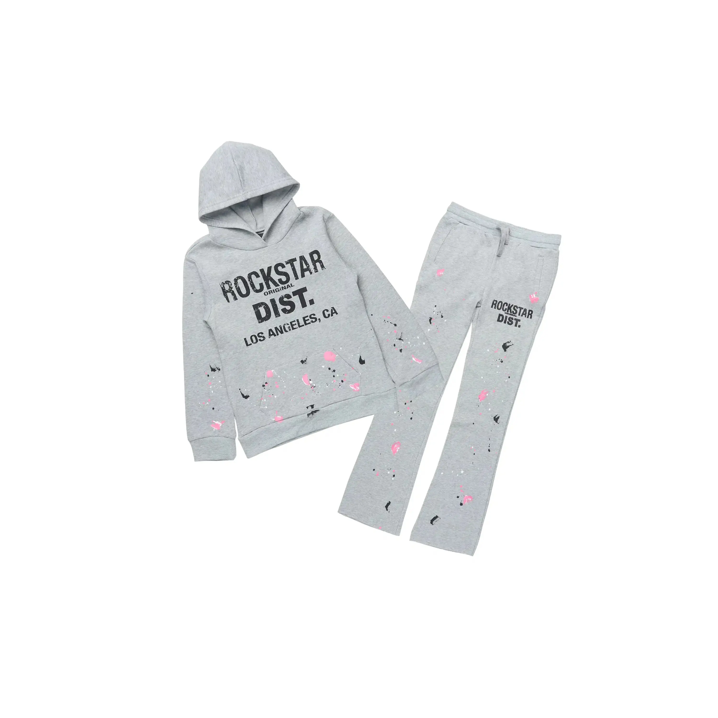 Girls Scatie 2.0 Heather Grey/Pink Hoodie/Stacked Flare Track Set