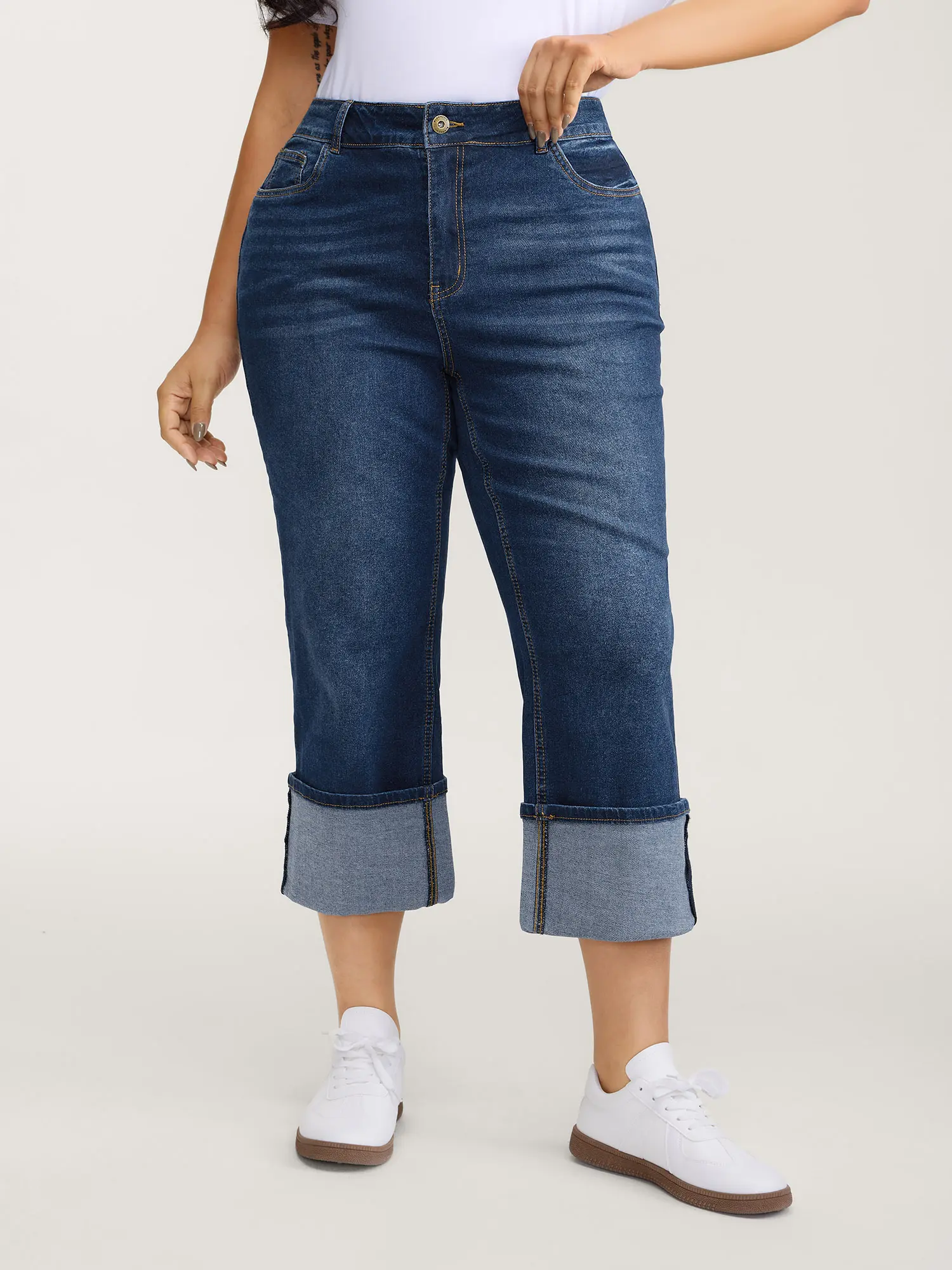 Women's High-Waisted Tummy Control Plus Size Stretch Rolled Hem Straight-Leg Jeans [M-6X] - Basic Bottom Pants with Pocket, Zipper, Fit, Curvy Women Plus Size Curvy Clothing, High Waisted Denim, Casual Denim Trousers, Summer Finds, Plus Size Clothes