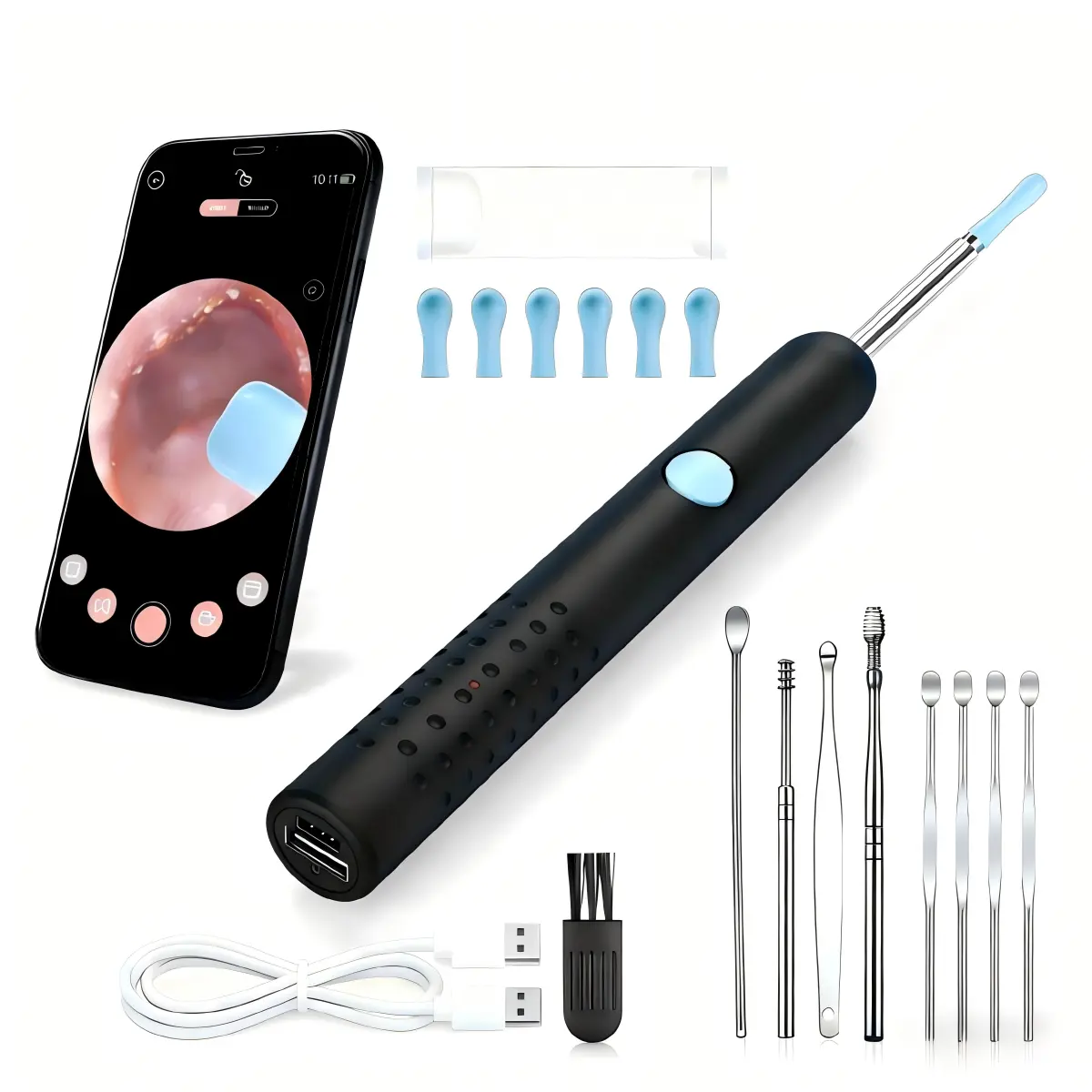 Ear Wax Removal Camera Kit - HD 1080p, 6 LED Lights, Phone Connectivity, Reusable Silicone Heads, Stainless Steel Accessories, Irrigation Tools (Beauty & Personal Care, Eye & Ear Care) Ear Pick Set Ear Cleaning Water Machine
