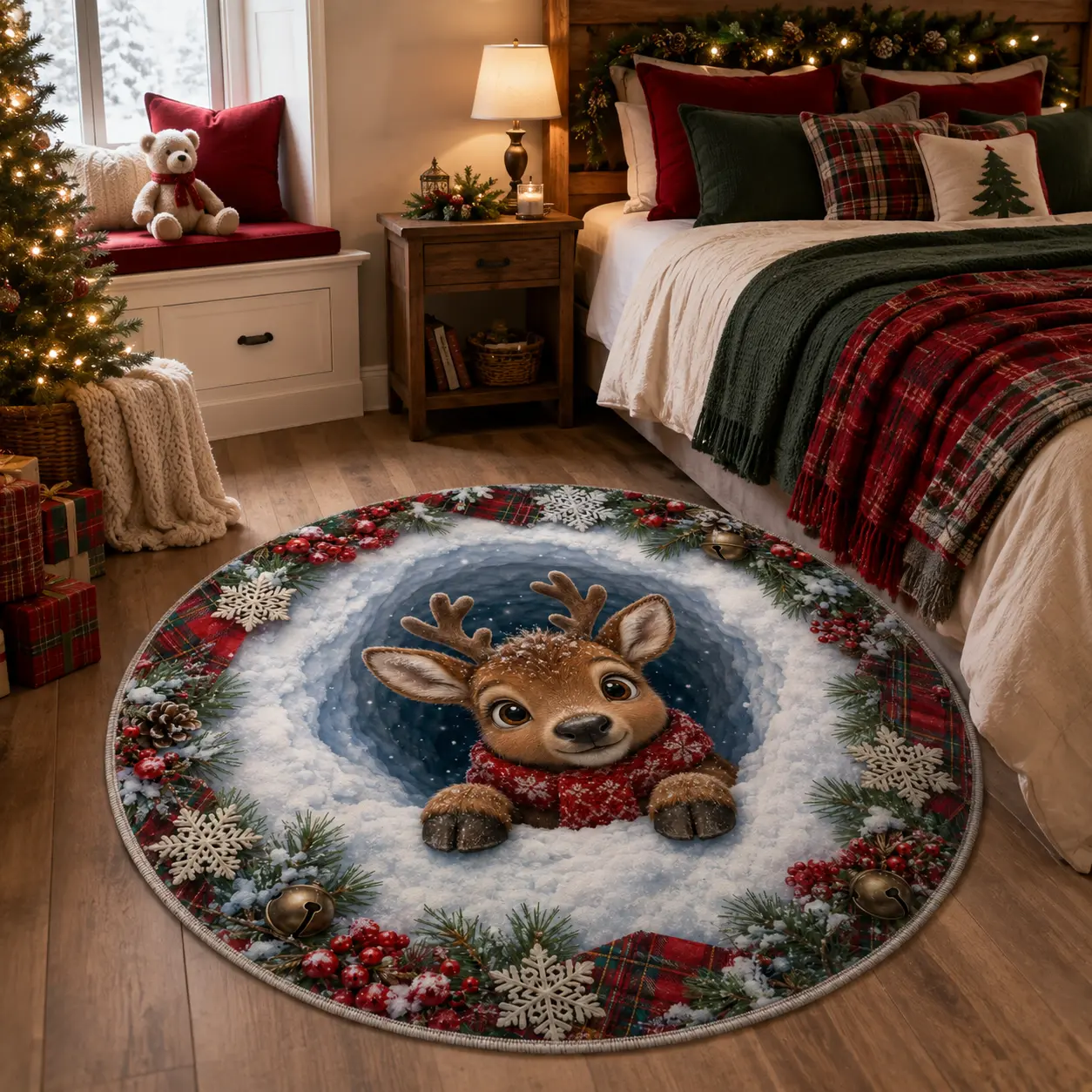 Cute Reindeer Snow Pit Rug, 3D Christmas Optical Illusion Round Rug, Holiday Reindeer Winter Floor Decor